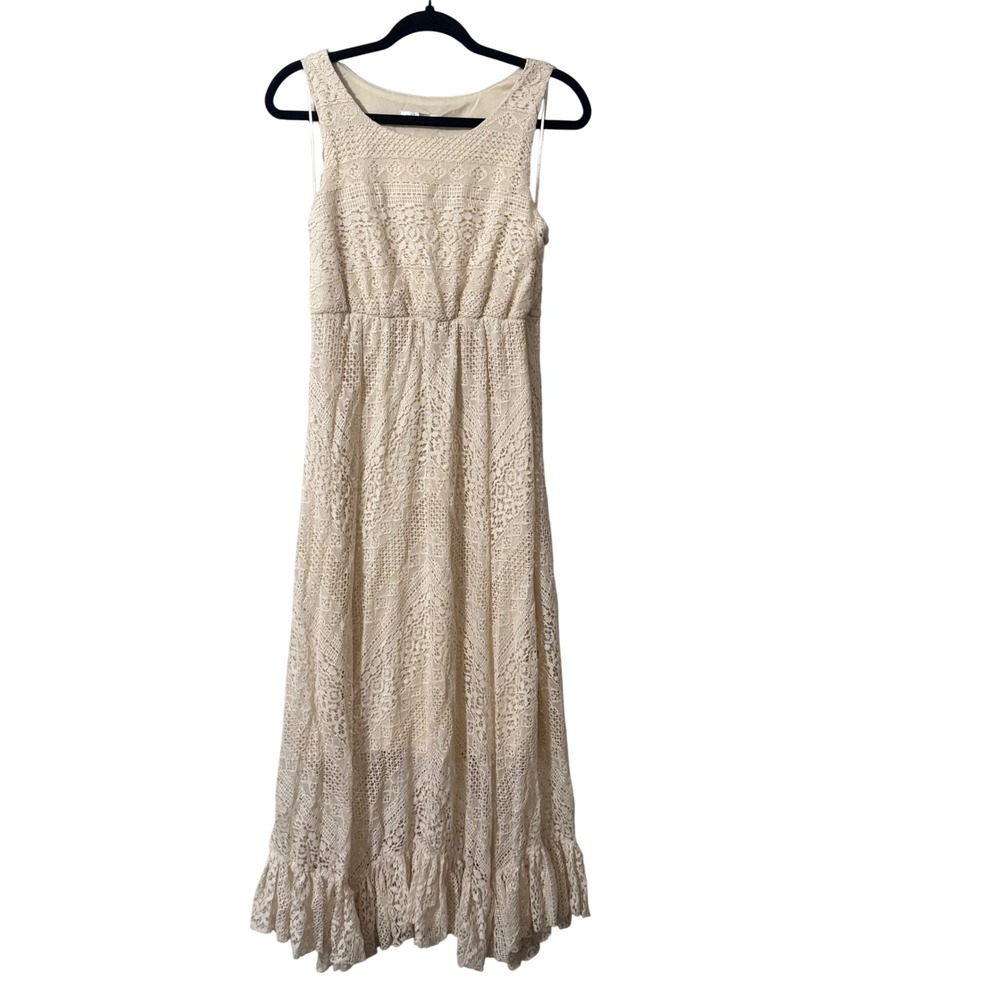 Solitaire by Ravi Khosla Cream Lace Sleeveless Maxi Dress Ruffle Hem Women Med